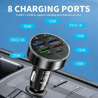 Car Charger Adapter with 8 Ports,40W 12V-24V Car Cigarette Lighter Adapter Includes 4 Type-C & 4 USB,Universal Fast Cars Charger Port Cars Accessories for Phone,Tablet,Dash Cam