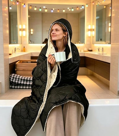 12V Battery Powered Heated Camping Quilt Blanket with Detachable Hood, Cordless Wearable Blanket with 15000 mAh Battery, Up to 167°F Temperature with Overheat Protection