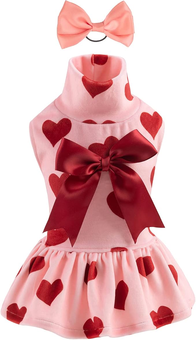 CuteBone Turtleneck Dog Velvet Dress Puppy Skirt Costume Pet Clothes Cat Apparel with Bow Hair Rope for Small Dogs CVD02XS