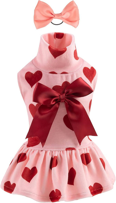 CuteBone Turtleneck Dog Velvet Dress Puppy Skirt Costume Pet Clothes Cat Apparel with Bow Hair Rope for Small Dogs CVD02XS