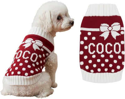 Custom Knit Sweater for Dogs and Cats Personalized Name Bow Polka Dot Design Soft Cozy Pet Wear for Winter Holiday Special Occasions Valentines Gift