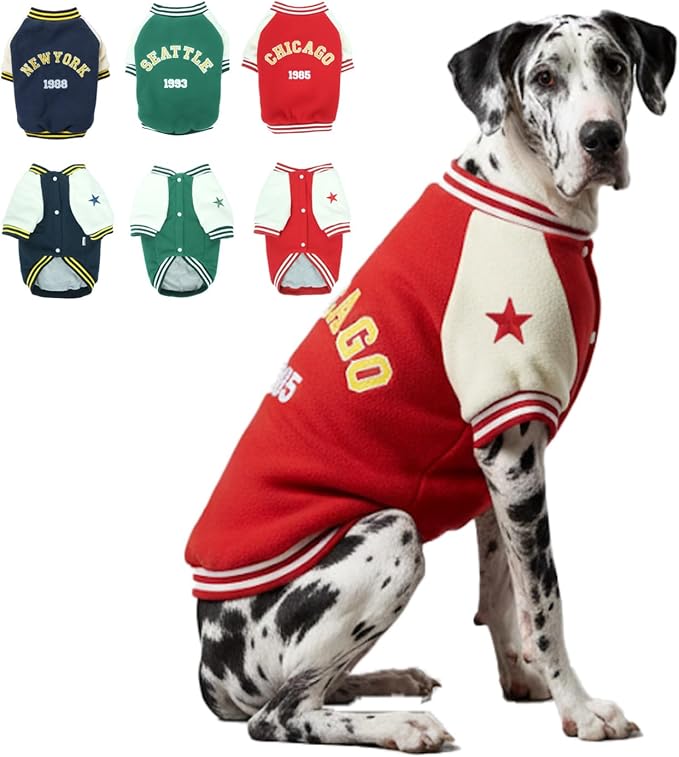 Dog Winter Jackets – Fleece-Lined Giant Doggy Varsity Coats with Snap Closure, Sport Outerwears for Dogs, Cold Weather Sweaters for Giant Pets, Puppy Dane Holiday Costume Clothes, Red XXXXL