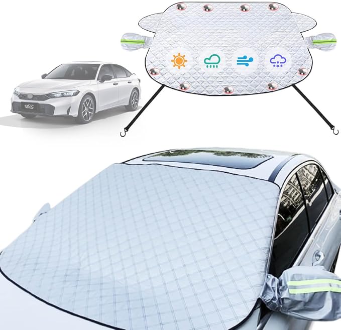 Car Windshield Cover Compatible with Honda Civic 2025- 2016 LX/Sport/EX-L/Touring & Hybrid Upgraded Custom Fit Magnetic Windproof Sunshade Cover 4-Layer Protection Ice, UV,Frost Wiper & Mirror Covers