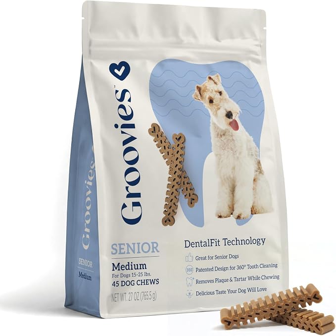 Groovies Senior & Gentle Chewers Dog Dental Treats, Flexible Texture, Patented Technology to Help Control Tartar & Freshen Breath, Medium Dog Chews (15-25 lbs), USA Manufactured Oral Care, 45 Count