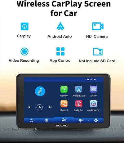 7 Inch Wireless CarPlay Screen for Car, Portable Car Stereo Touch Screen for Apple CarPlay & Android Auto with Backup Camera, Voice Control, BT Music, Navigation, Mirror Link