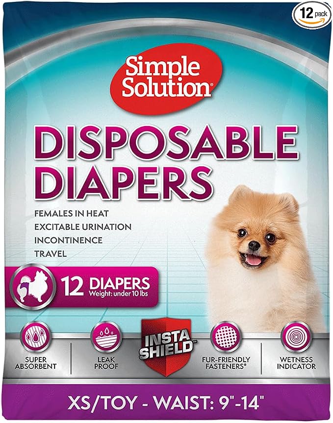 Simple Solution Disposable Dog Diapers for Female Dogs, Leak Proof Diaper for Dogs, Potty Training, XS Puppy Training, Incontinence, Diaper for Peeing, For Small Pets, 9-14 Inch Waist, (XS, 12 Count)