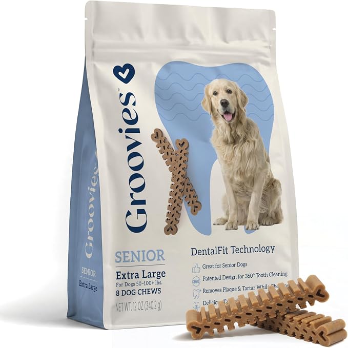 Groovies Senior & Gentle Chewers Dog Dental Treats, Flexible Texture, Patented Technology to Help Control Tartar & Freshen Breath, XLarge Dog Chews (50-100+ lbs), USA Manufactured Oral Care, 8 Count