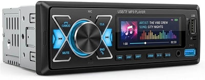 Single DIN Car Radio Headunit Bluetooth Stereo Audio for Handsfree Calling,Phone Charging, FM/ MP3/TF Card/AUX/Time,Dual USB,7 LED Colors