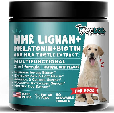 HMR Lignan + Melatonin + Biotin + Milk Thistle for Dogs | 4-in-1 Formula | Adrenal Support & Normal Cortisol Levels | Skin, Coat, & Digestive Health | 90 Chewable Tablets | Natural Beef Flavor