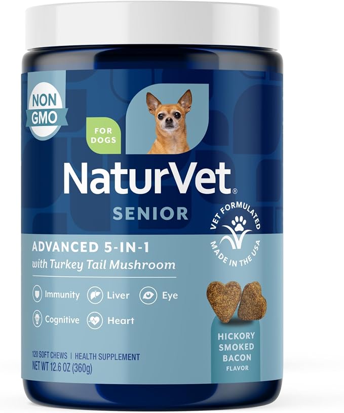 Senior Advanced 5-in-1 Support Dog Supplement – Helps Support Immune System, Heart, Liver, Cognitive Function, Eye Health – Includes Ginkgo Biloba, Lutein – 120 Ct.