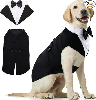 Tuxedo and Bandana Set, 2 Pack Pet Costume Formal Party Suit, Clothes for Small Medium Large Dogs, Prince Bow Tie Shirt Wedding Attire for Golden Retriever Samo Bulldogs (XXL)