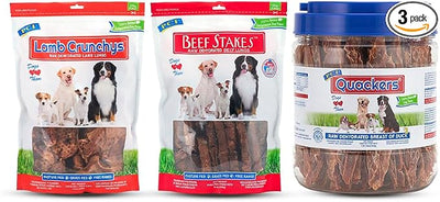 PCI Pet Center, Inc Lamb Crunchys, Beef Stakes and Duck Quackers Dog Treats Bundle