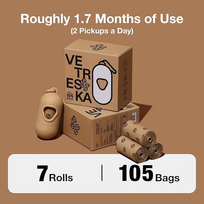 VETRESKA Dog Poop Bags Dispenser with Coffee Scented Waste Bags, Leak Proof, Extra Thick & Strong, 1 Holder and 105 Count Pet Poop Bags (7 Refill Rolls) for Dogs and Cats