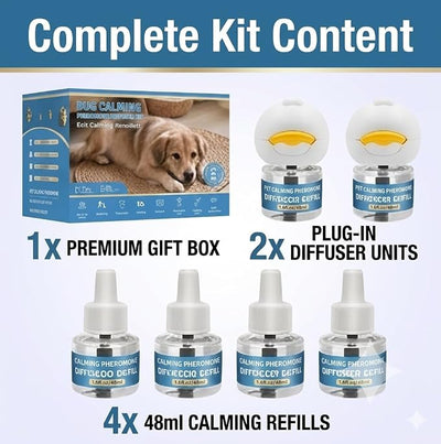 Dog Calming Diffuser for Dogs, 2 Diffusers + 4 Refills, Helps Relieve Anxiety, Stress, Barking, Hyperactivity & Nervous Behavior, Long-Lasting Calming Support for Home Use