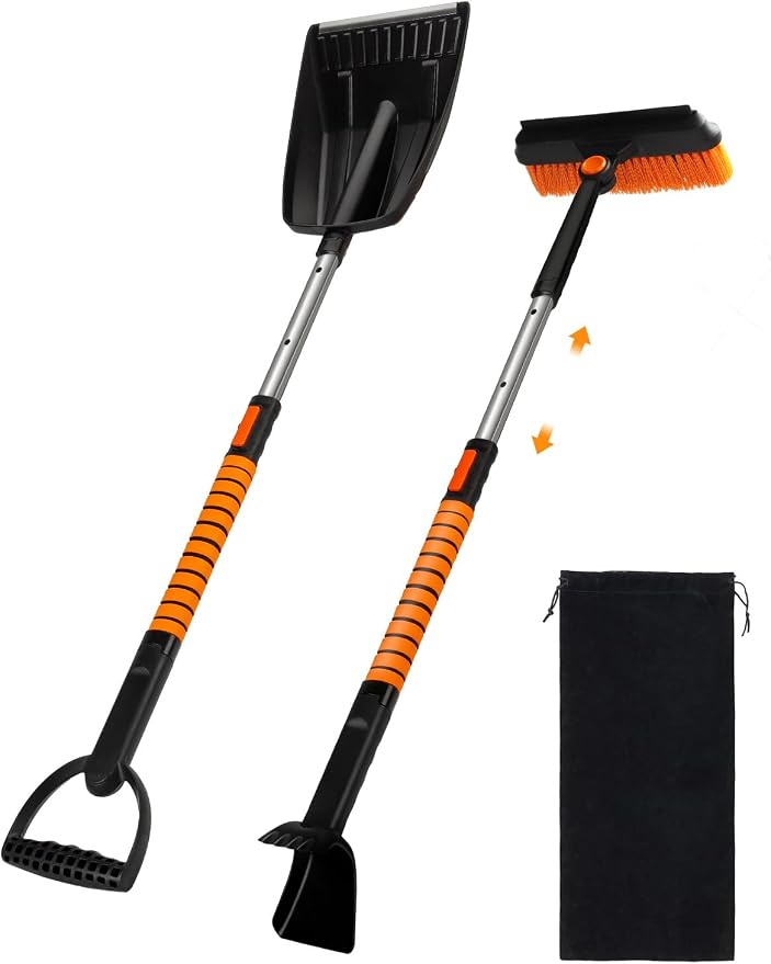 5 in 1 Multi-Functional Snow Brush Ice Scraper and Shovel Kit with Detachable Ergonomic Foam Grip for Car Automobile Vehicle Window SUV Truck Windshield Patios Driveways Sidewalks Winter Snow Removal