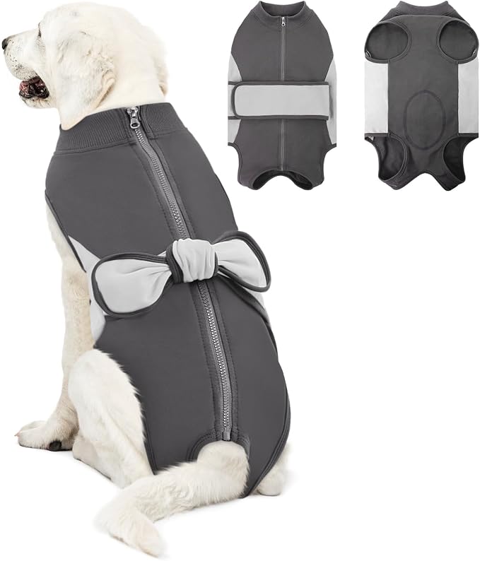 SAWMONG Zipper Recovery Suit for Dogs, Cotton Dog Surgery Suit Female Spay Pet Male Breathable, Neuter Onesie Bodysuit Prevent Licking Wounds, Substitute E-Collar & Cone(Gray, 3X-Large)