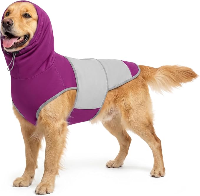 Dog Thunder Vest, Anxiety Relief Shirt with Noise-Reducing Hood, Calming Wrap, Gentle Compression Jacket for Thunder Storm, Fireworks Separation Stress, Fireworks,S, Purple