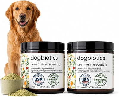 Dogbiotics DE-01 Dental Powder for Dogs – Human-Grade Oral Postbiotic, Helps Fight Plaque & Tartar, Supports Gum Health & Fresh Breath – 120 Scoops (2-Pack)