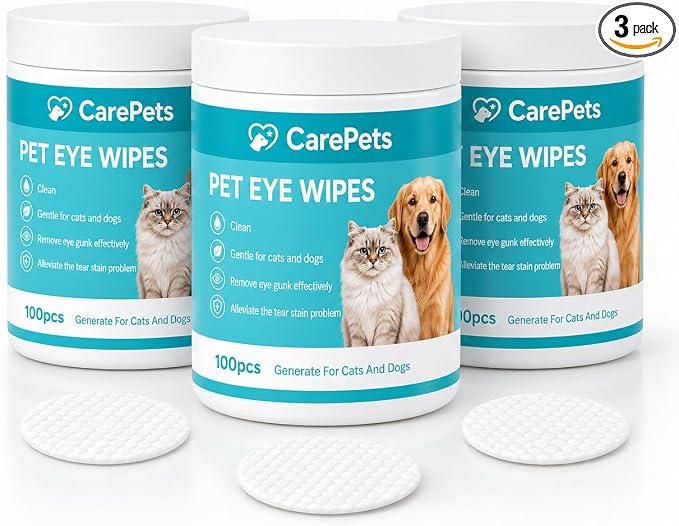 Eye Wipes, 100 Count Pet Tear Stain Cleaning Pads for Dogs and Cats, Gentle Textured Eye Area Wipes with Aloe Vera and Chamomile, Fragrance Free (3) | Gentle Textured Eye Wipes