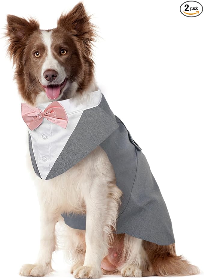 Dog Tuxedo Dog Suit and Bandana Set, Dogs Tuxedo Wedding Party Suit, Doggy Prince Bow Tie Shirt Formal Pet Wedding Attire for Large Medium and Small Dogs Golden Retriever Samo Bulldogs