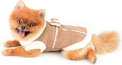 SMALLLEE_LUCKY_STORE Fleece Dog Coat for Small Dog Pet Harness Jacket with Bow and D-Ring, Soft Vest Fall Winter Clothes with Fuzzy Collar Chihuahua Yorkie Cat Apparel, Khaki, XL