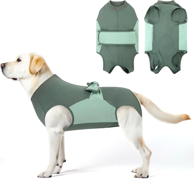 SAWMONG Zipper Recovery Suit for Dogs, Cotton Dog Surgery Suit Female Spay Pet Male Breathable, Neuter Onesie Bodysuit Prevent Licking Wounds, Substitute E-Collar & Cone Cat(Green, X-Small)