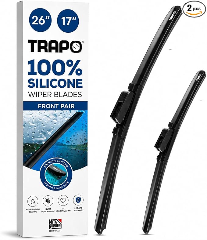 26” and 17" Hydrophobic Front Windshield Wiper Blades - Fits CR-V, Rogue, Altima, Sentra, Subaru Forester - Durable & Silicone - Strong Water-Repellent Coating - Easy Install - 2 Blades