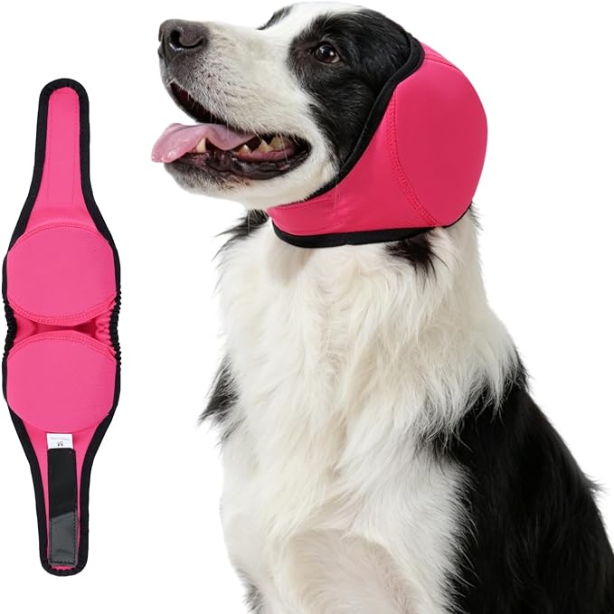 Dog Ear Covers for Bath,Shower,Elastic Dog Ear Muffs Noise Reduction Anxiety Relief,No Flap Ear Wrap Calming Hood for Grooming,Blow Dry,Thunder,Waterproof Ear Protection for Dogs(Pink,S)