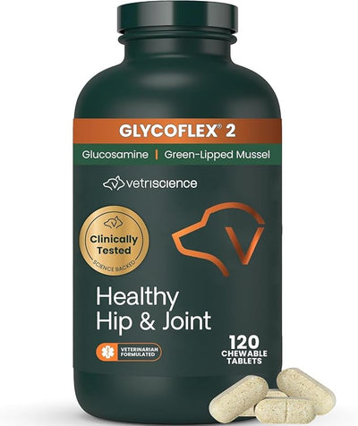 VetriScience Healthy Hip & Joint Chewable Tablets, GlycoFlex2 Glucosamine and Green-Lipped Mussel Joint Support Supplement for Dogs, Promote Mobility and Protect Joints, Chicken, 120 Count