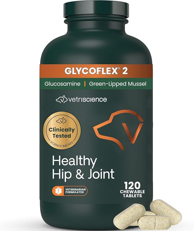 VetriScience Healthy Hip & Joint Chewable Tablets, GlycoFlex2 Glucosamine and Green-Lipped Mussel Joint Support Supplement for Dogs, Promote Mobility and Protect Joints, Chicken, 120 Count