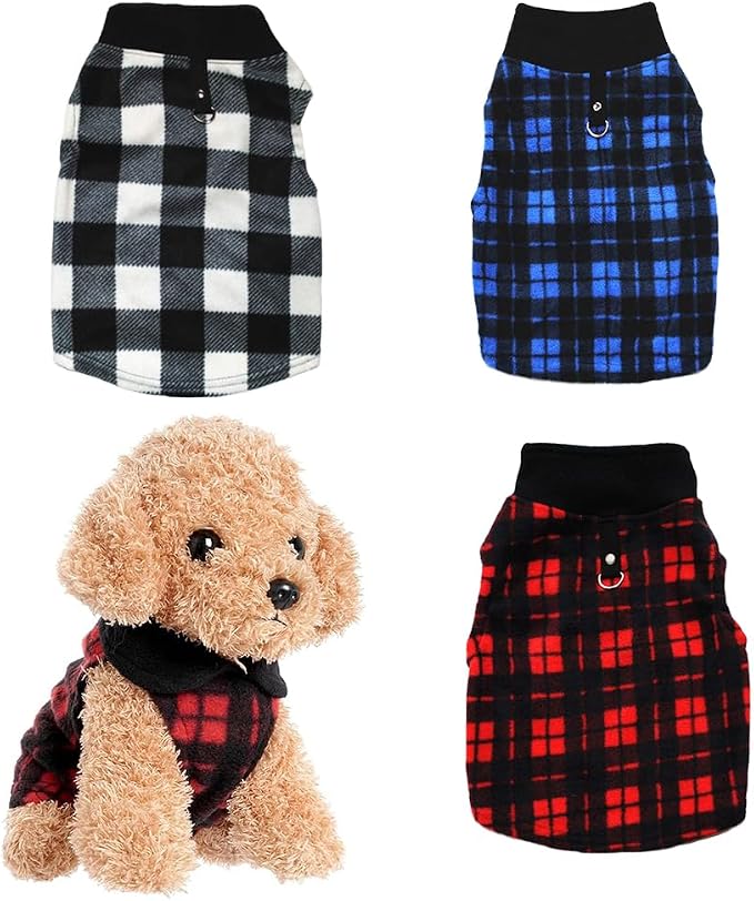 Dog Sweater 3 Pcs, Soft Fleece Vest with Leash Ring Pullover Jacket Winter Pet Dog Clothes for Puppy Small Dogs Cats Teddy Chihuahua Yorkshire (Plaid,XL)