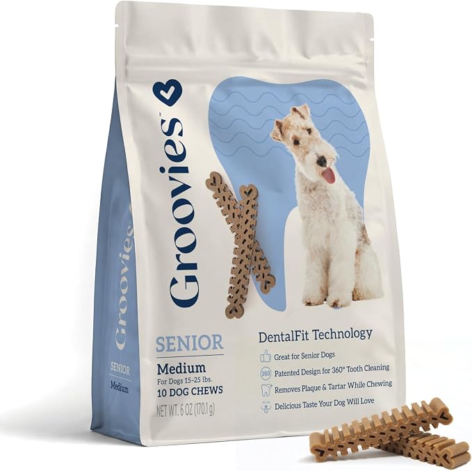 Groovies Senior & Gentle Chewers Dog Dental Treats, Flexible Texture, Patented Technology to Help Control Tartar & Freshen Breath, Medium Dog Chews (15-25 lbs), USA Manufactured Oral Care, 10 Count