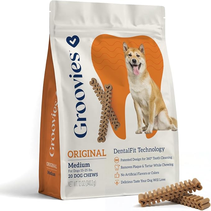 Dog Dental Treats, Flexible Yet Effective, Patented DentalFit Technology to Help Control Tartar & Freshen Breath, Medium Dog Chews (15-25 lbs), USA Manufactured Oral Care, 20 Count