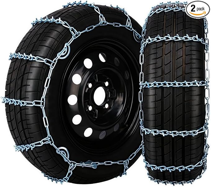 V-Bar Tire Chains 2 Pack for Car, SUV 14" to 18" Tire Snow Ice Traction | V-Bar Ice Studs Boost Traction; CAM Self-tightening Lock, Durable Manganese Steel, Anti-slip Secure Fit for Sedan & SUV