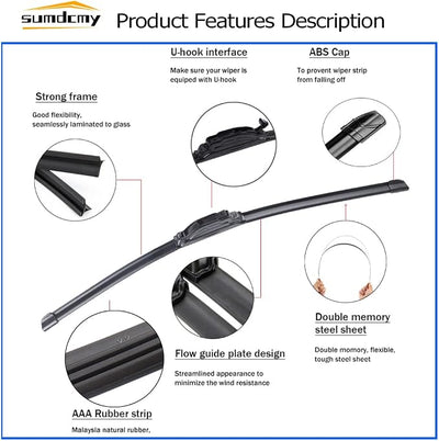 24"+16" Windshield Wiper Blade Replacement For Hyundai Tucson 2005-2015 Kia Spectra 2005-2009 Sportage 2005-2009 Subaru Impreza 2008-2012 All-season Front Windscreen Wiper for U/J hook