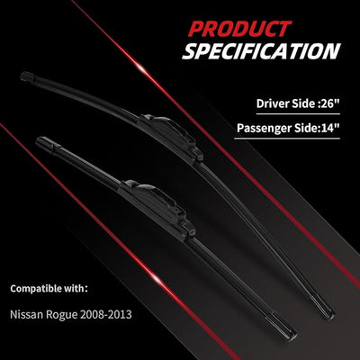 OTUAYAUTO Premium Windshield Wiper Blades - Replacement for Nissan Rogue 2008-2013 - Precision Fit, All-Weather Performance, J/U Hook Front Window Wiper Blades - 26"+14" (Pack of 2)