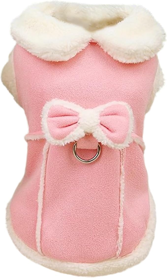 Dog Winter Coat Jacket Fleece Vest |Dog Fleece Jumper for Small Girls Warm Coat Soft Vest with Bow and D-Ring Cute Winter Clothes with Fuzzy Collar XS