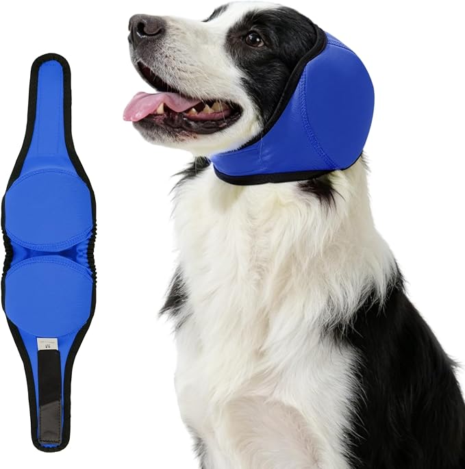 Dog Ear Covers for Bath,Shower,Elastic Dog Ear Muffs Noise Reduction Anxiety Relief,No Flap Ear Wrap Calming Hood for Grooming,Blow Dry,Thunder,Waterproof Ear Protection for Dogs(Blue,M)