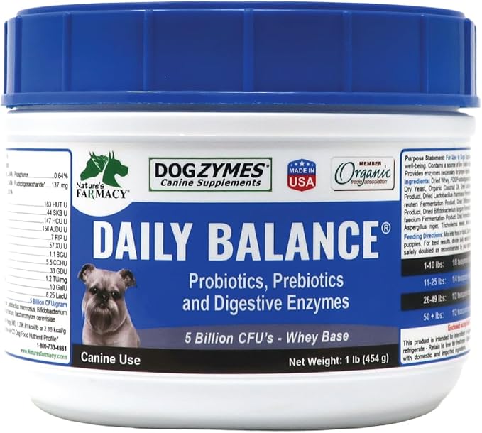Daily Balance Canine Supplement by Nature’s Farmacy – Probiotics + Prebiotics + Digestive Enzymes – 5 Billion CFUs – Whey Base – 1 lb (454 g)