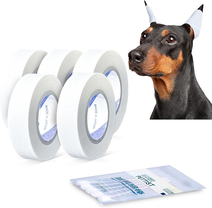 Ear Tape for Dogs 5 Pack with Dog Ear Cleaner Cotton Swabs, Self Adhesive Cotton Tape for Dog Ear Protection and Support, Ear Care Set for Dogs (Tape Width_0.5 inch(12mm))