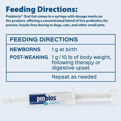 Probios Probiocin Oral Probiotic Gel for Dogs and Cats, Digestive and Immune Support Supplement, Easy Syringe Administration, Suitable for Newborns to Senior Pets, 15g Tube