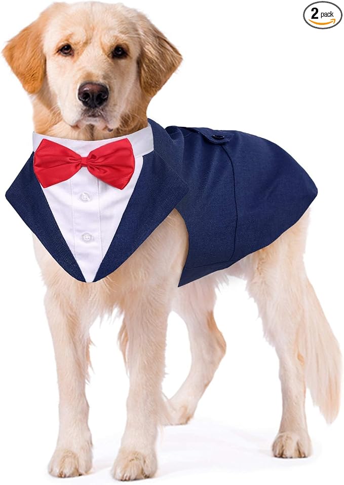 Dog Tuxedo Dog Suit and Bandana Set, Dogs Tuxedo Wedding Party Suit, Doggy Prince Bow Tie Shirt Formal Pet Wedding Attire for Large Medium and Small Dogs Golden Retriever Samo Bulldogs