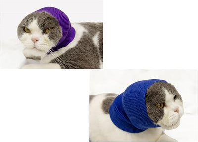 Cat Head Cover Ear Wrap Pinpoint Mesh Neck Cowl Cat Grooming Headband Snood for cat Purple+Blue S