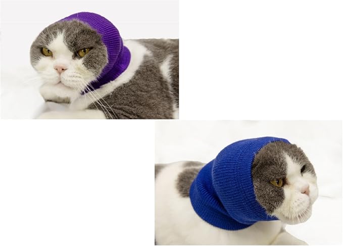 Cat Head Cover Ear Wrap Pinpoint Mesh Neck Cowl Cat Grooming Headband Snood for cat Purple+Blue S