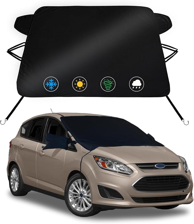 Windshield Snow Cover for Ford C-Max 2013-2018, Waterproof 2-Layer Oxford Fabric Winter Frost and Ice Removal with Side Mirror Covers, Winter Accessories Freeze Protector for Auto Car SUV