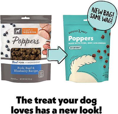 Wiggles & Wags Poppers Soft and Chewy Dog Treats, Pork, Beef & Blueberry, 8 OZ