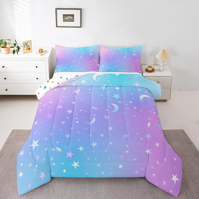 Galaxy Comforter Set Queen Size,Ombre Glitter Bedding Set For Kids Girls Boys Women Bedroom Decor, Tie Dye Rainbow Gradient Duvet Sets Starry Sky Pastel Sparkle Quilted Duvet 3 Pieces, Blue Pink