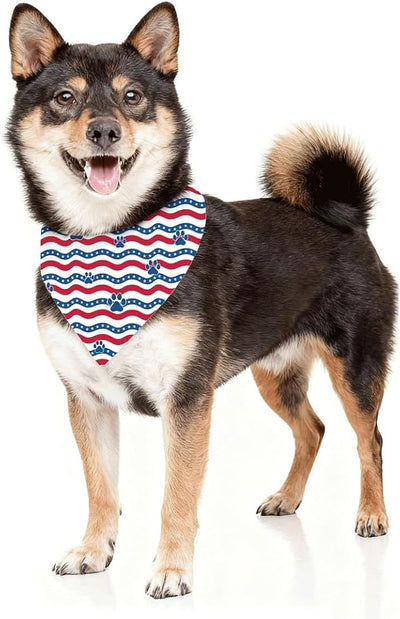 4th of July Dog Bandana, Patriotic Paw Print Pet Triangle Scarf for Independence Day Party Outfit, American Flag Wavy Stripe Neckerchief for Small Medium Dogs, Puppy Gift