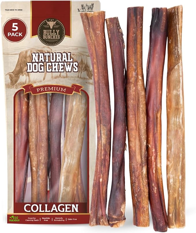 12 Inch Collagen Wrapped in Beef Bully Stick | Consistently Sized, All-Natural, Long Lasting Dog Chew | Dental Stick for Avid Chewers (12 Inch, 5 Pack)