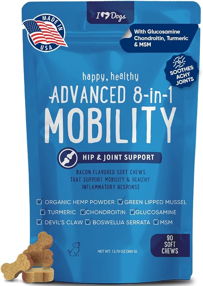 Hip & Joint Supplement for Dogs - Advanced 8-in-1 Dog Joint Supplement Chews with Glucosamine, Chondroitin, Turmeric, Devil's Claw, Green Lipped Mussel, Hemp, Yucca, Boswellia & MSM - 90 Ct